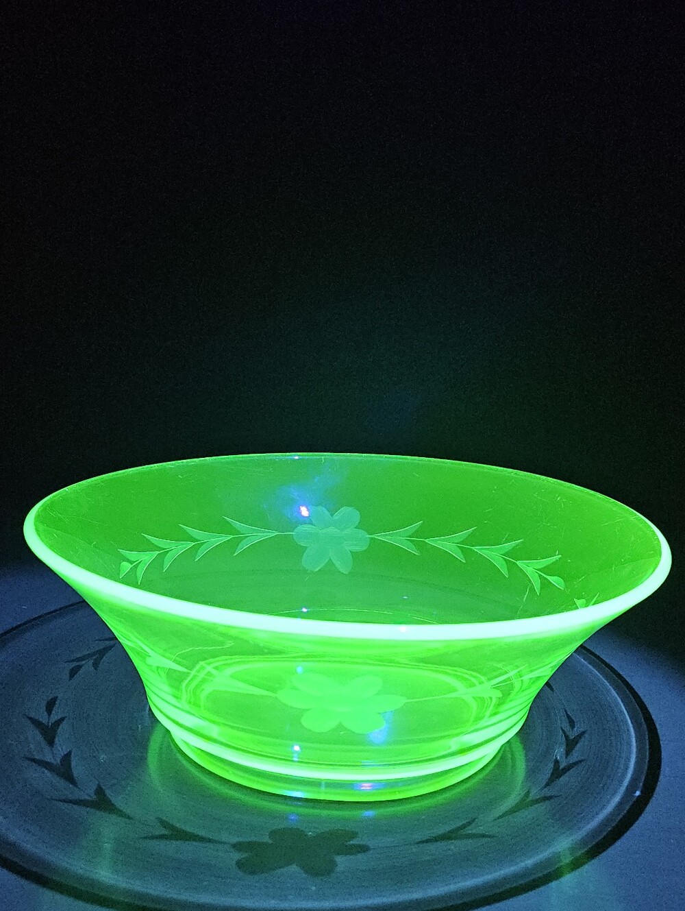 Vibrant Uranium Glass Etched Floral Bowl